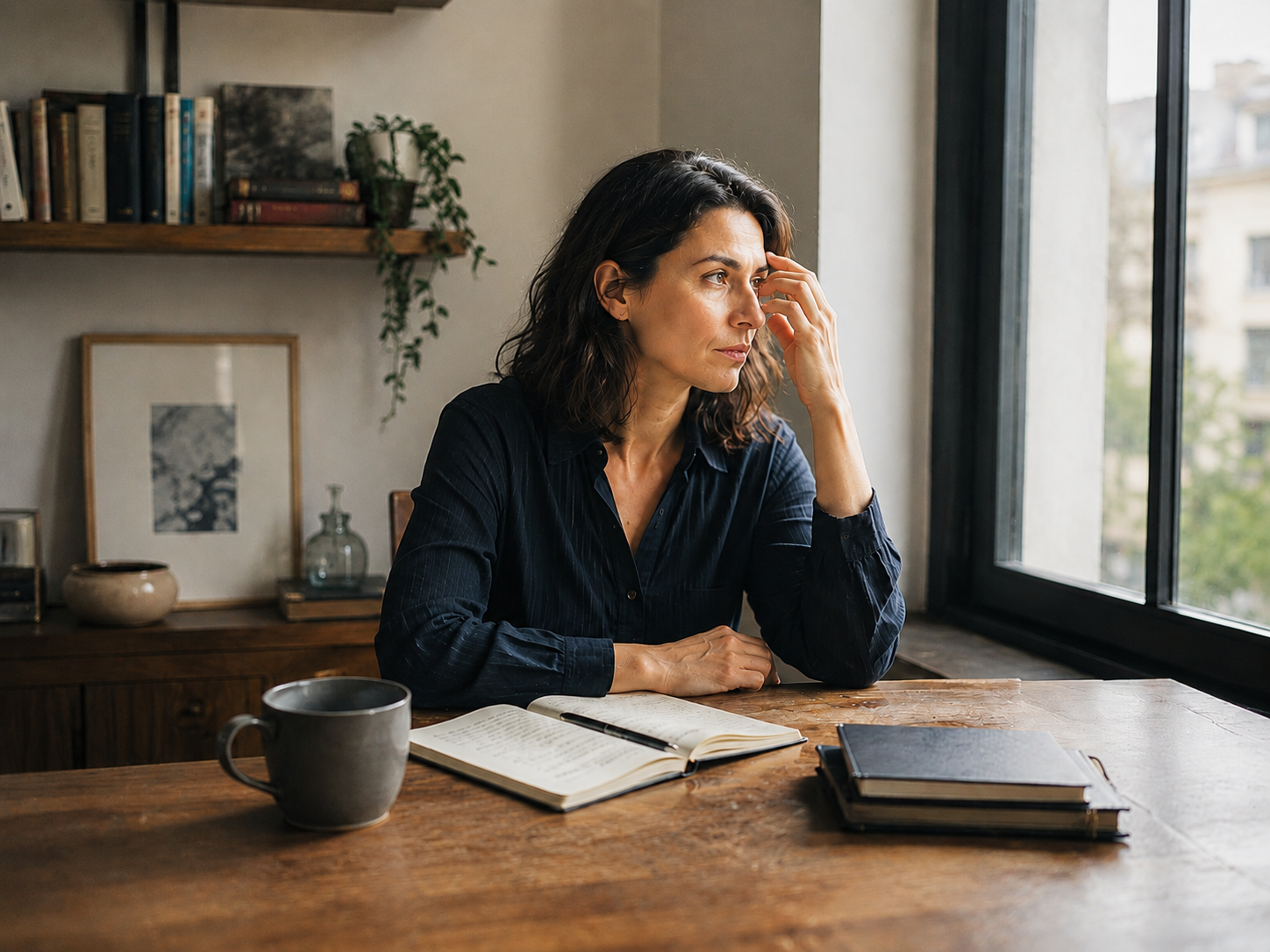 Mujer sentada junto a una ventana, con un cuaderno abierto y libros sobre la mesa.