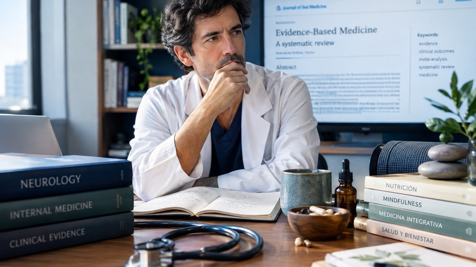 Médico reflexiona ante una pantalla con un artículo científico, rodeado de libros, una libreta y elementos de consulta.